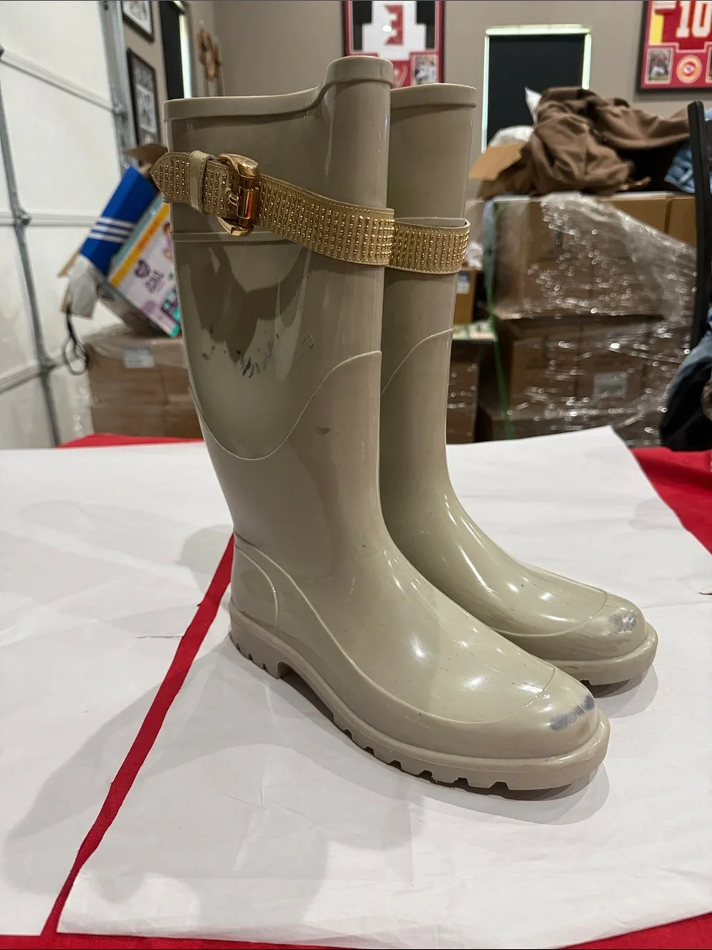 Burberry Cream Tall Rain Boots with Gold Buckle Strap